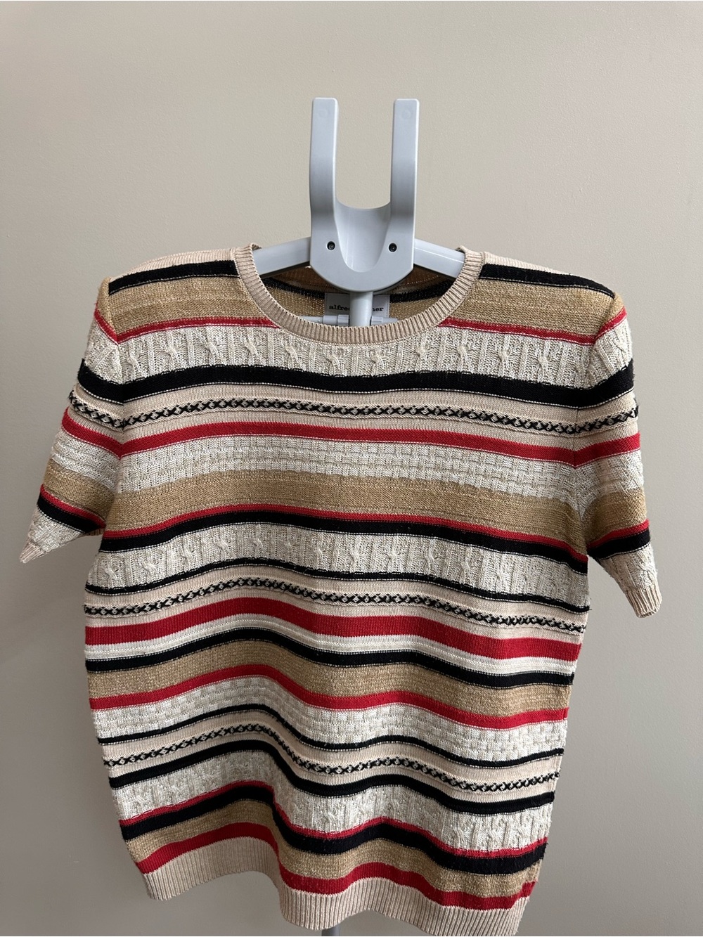 Alfred Dunner Striped Crewneck Sweater in Cream, Black, Red & Tan